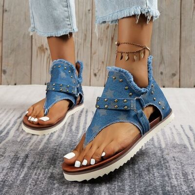 Studded Raw Hem Flat Sandals - Pahabu - Women's Clothing & Shop