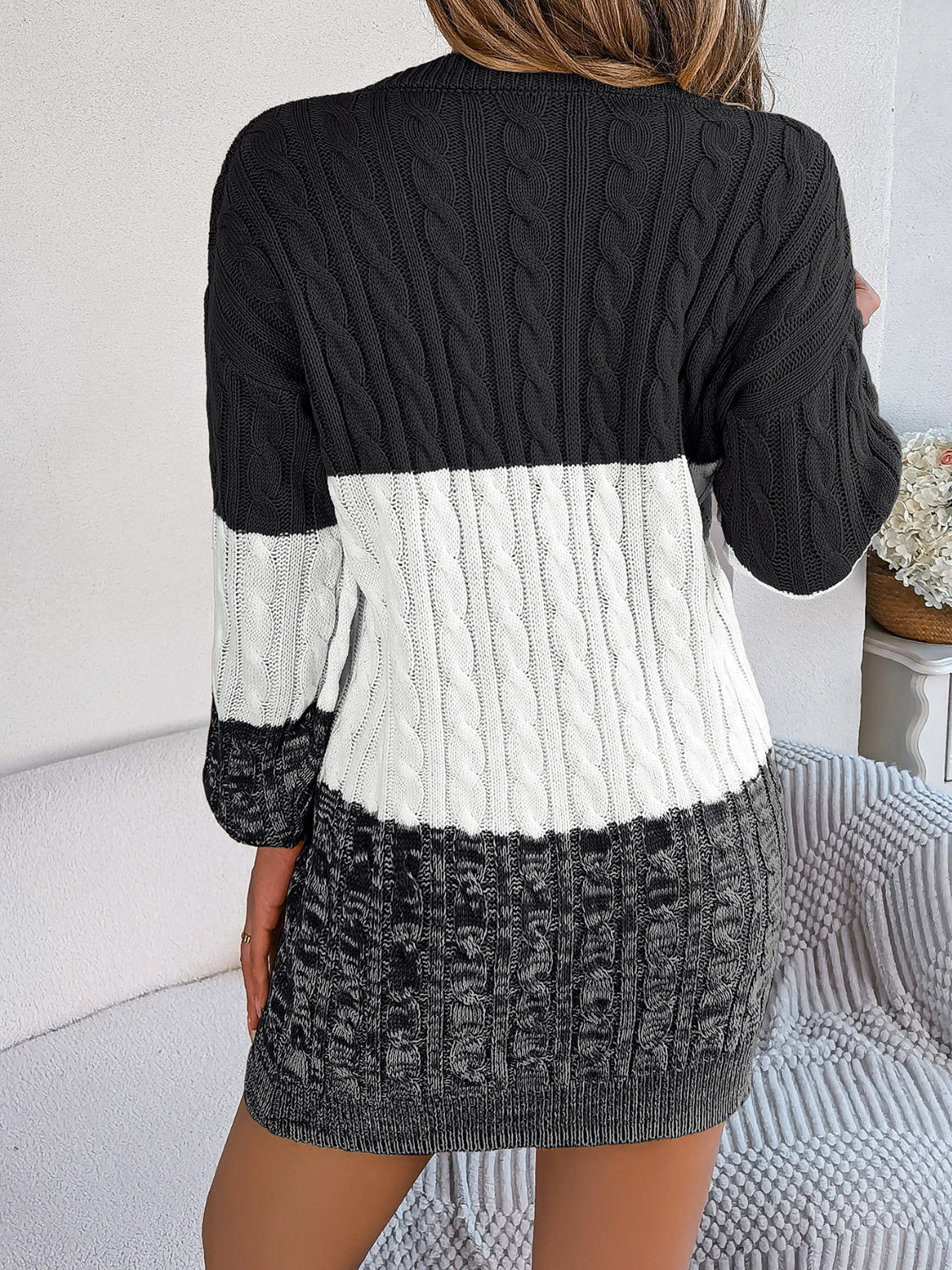 Cable-Knit Round Neck Color Block Sweater Dress - Pahabu - Women's Clothing & Shop