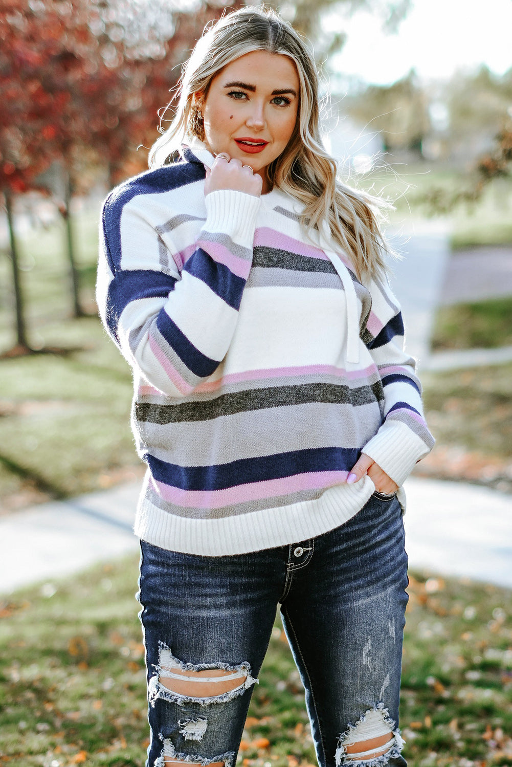 Plus Size Striped Long Sleeve Hooded Sweater - Pahabu - Women's Clothing & Shop
