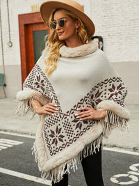 Fringe Geometric Cape Sleeve Poncho - Pahabu - Women's Clothing & Shop