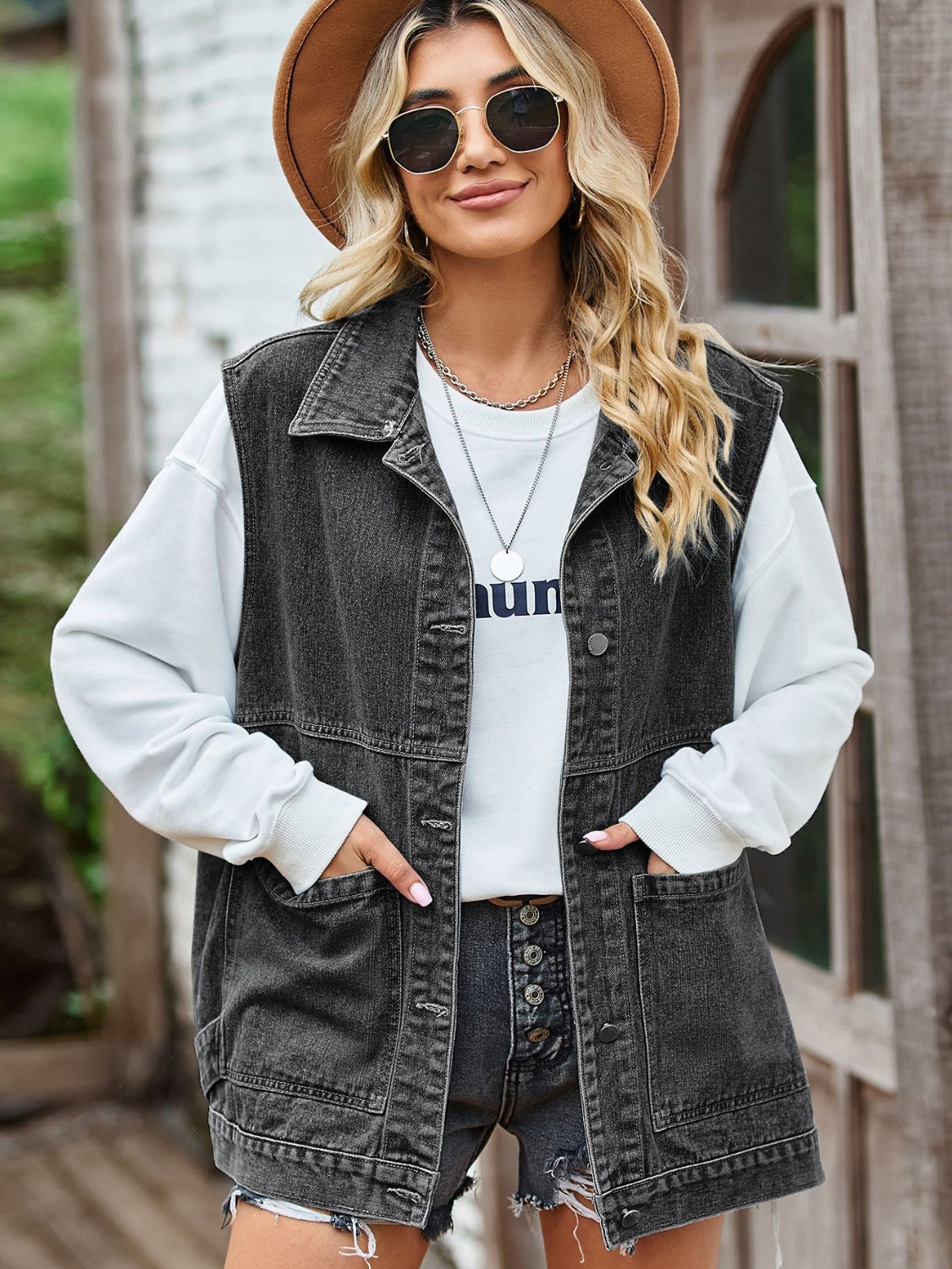 Button Front Sleeveless Denim Jacket - Pahabu - Women's Clothing & Shop