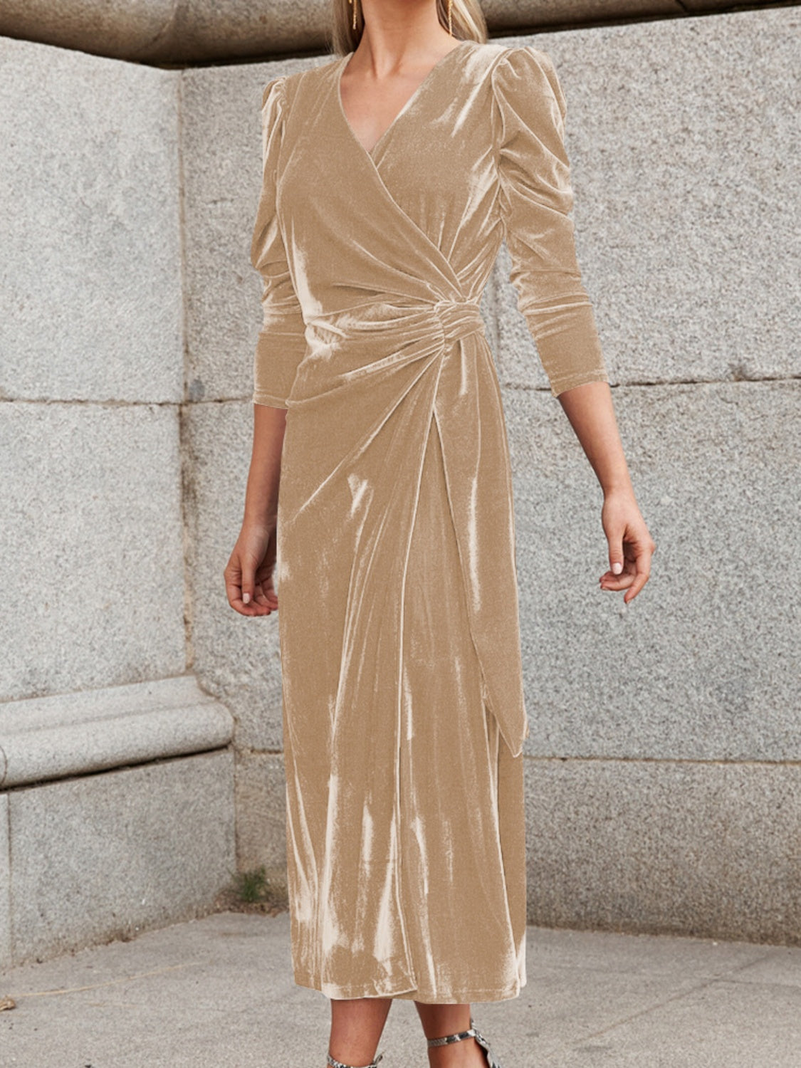 Surplice Puff Sleeve Midi Dress - Pahabu - Women's Clothing & Shop