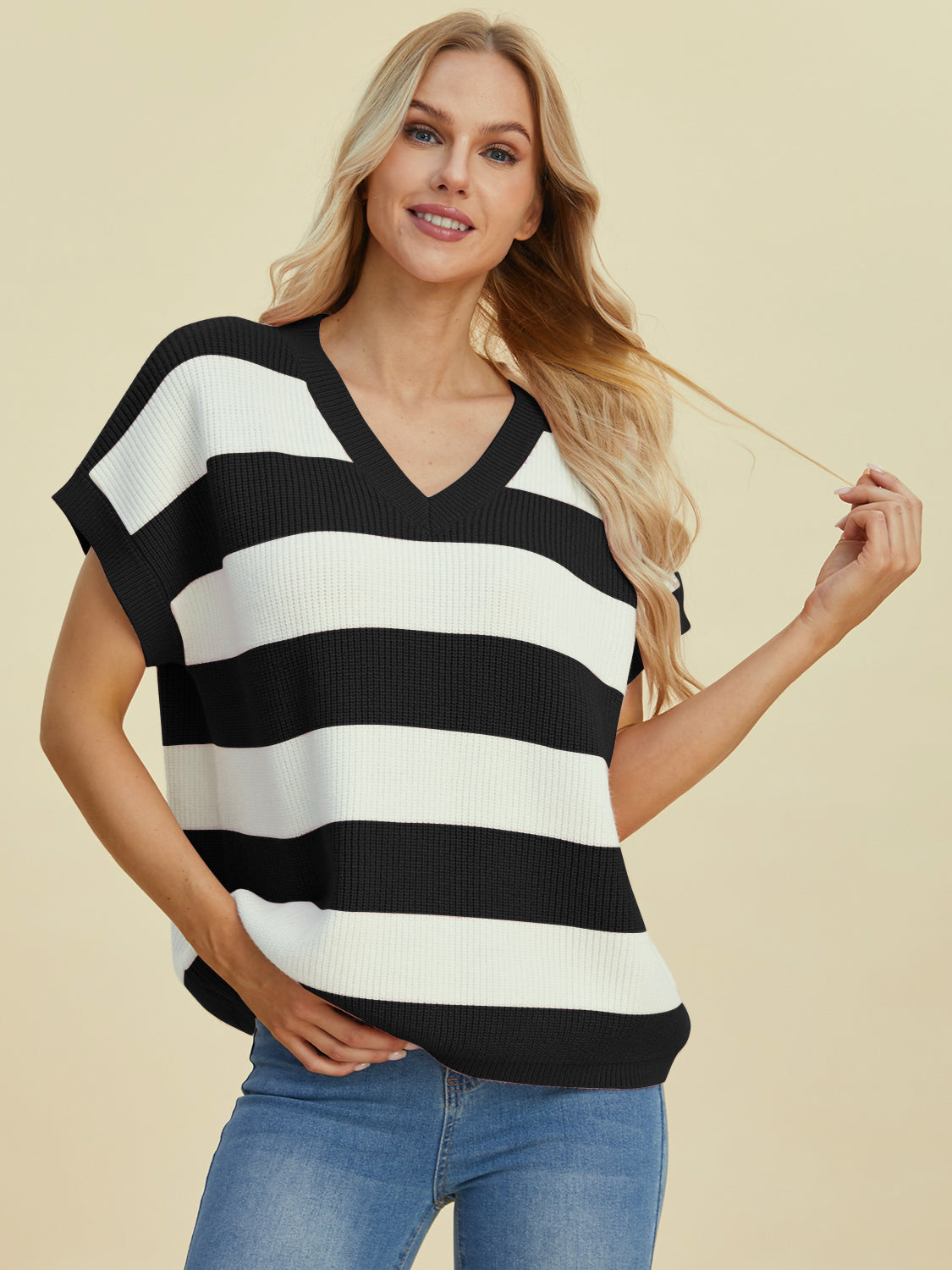 Double Take Full Size Striped V-Neck Short Sleeve Sweater - Pahabu - Women's Clothing & Shop
