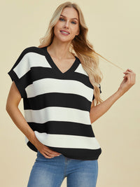 Double Take Full Size Striped V-Neck Short Sleeve Sweater - Pahabu - Women's Clothing & Shop