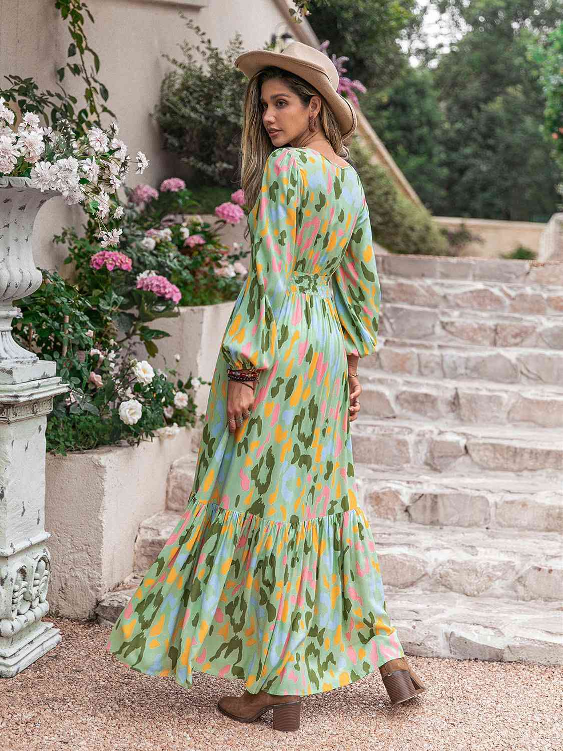 Printed Tie Neck Long Sleeve Maxi Dress - Pahabu - Women's Clothing & Shop