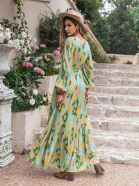 Printed Tie Neck Long Sleeve Maxi Dress - Pahabu - Women's Clothing & Shop
