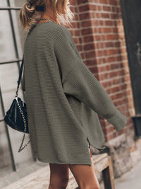 Openwork Round Neck Long Sleeve Slit Sweater - Pahabu - Women's Clothing & Shop
