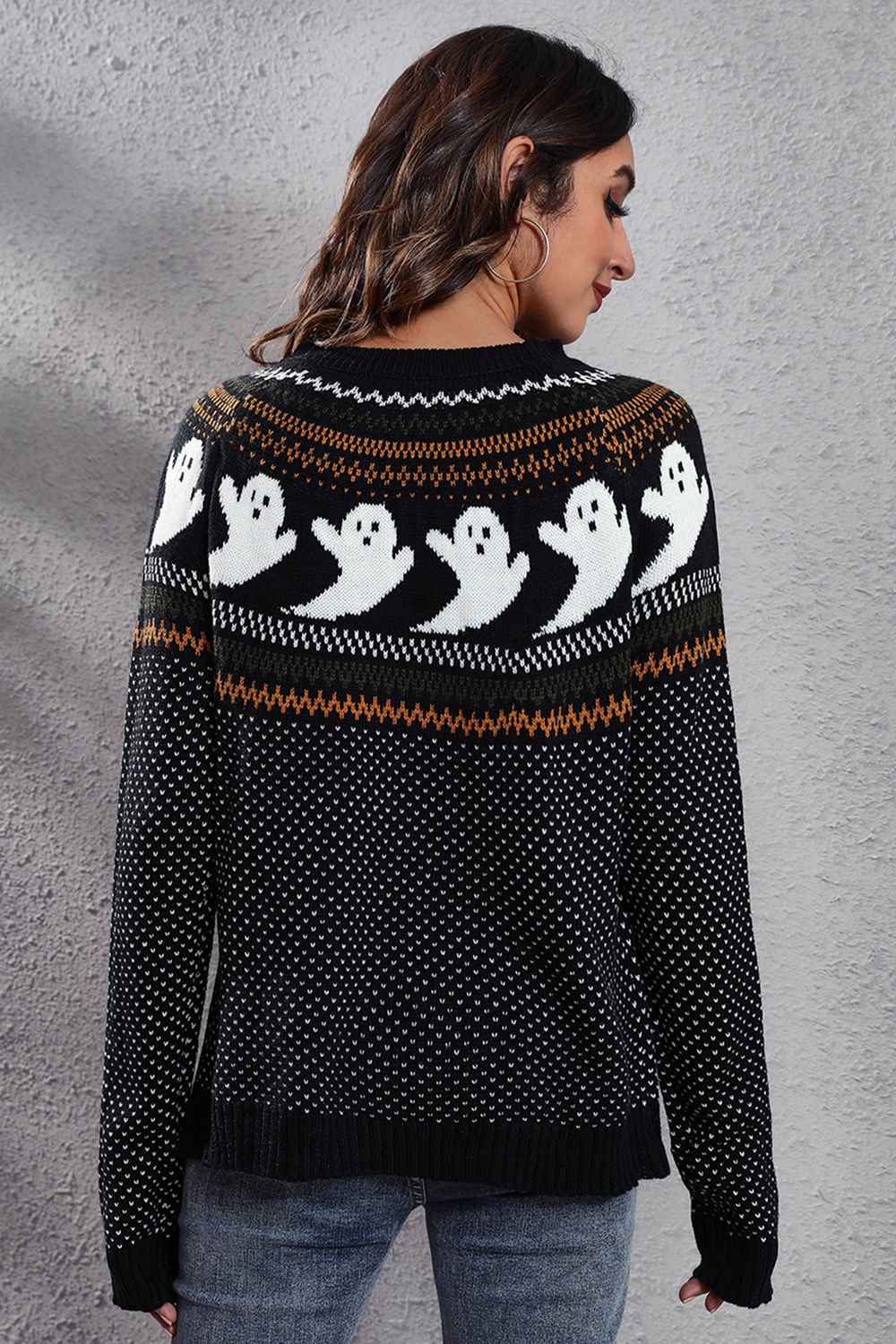 Ghost Pattern Round Neck Long Sleeve Sweater - Pahabu - Women's Clothing & Shop