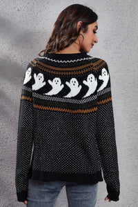Ghost Pattern Round Neck Long Sleeve Sweater - Pahabu - Women's Clothing & Shop