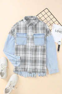 Plaid Pocketed Snap Down Denim Jacket - Pahabu - Women's Clothing & Shop