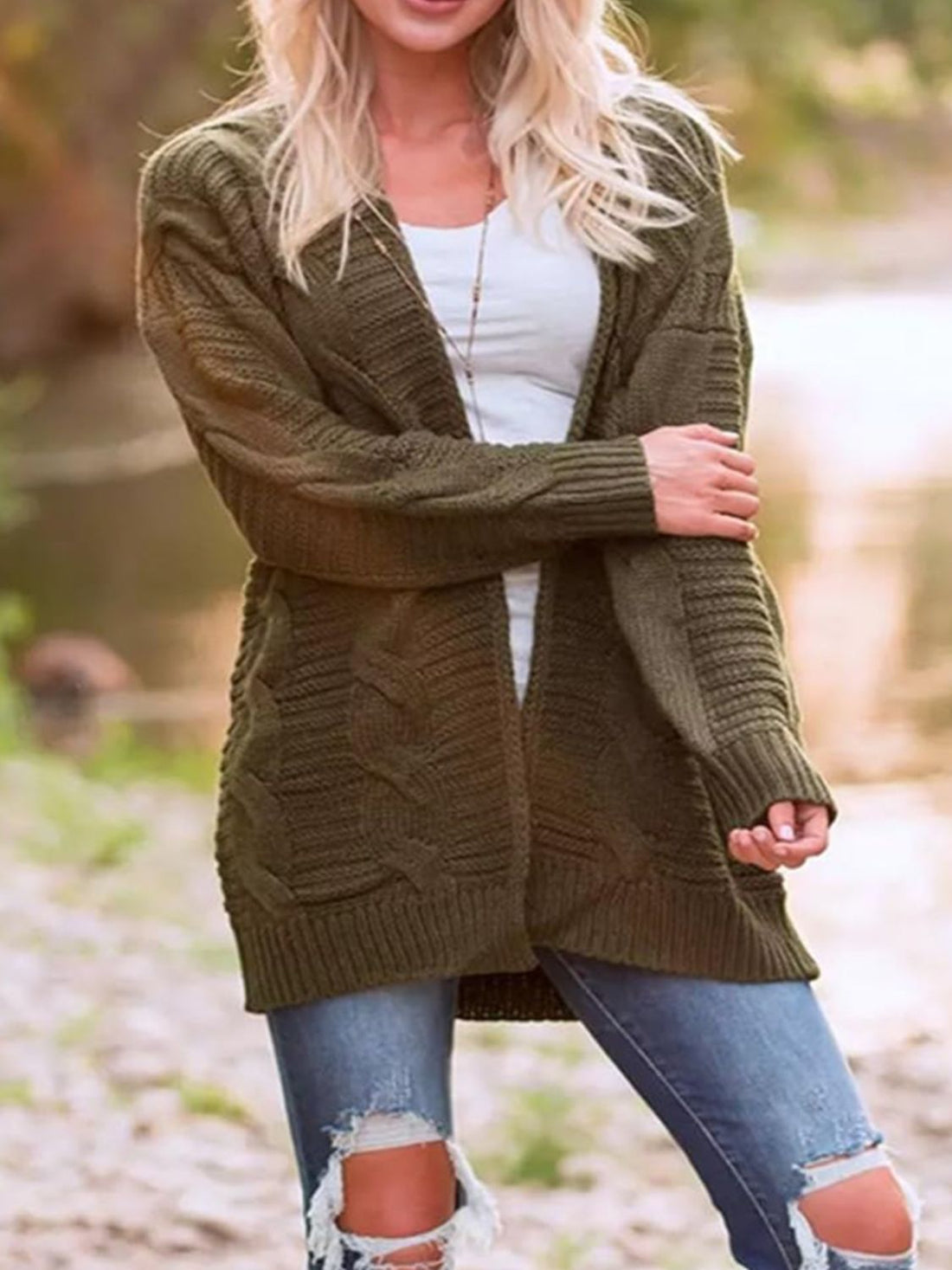 Cable-Knit Open Front Long Sleeve Cardigan - Pahabu - Women's Clothing & Shop