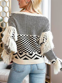 Geometric Fringe Detail V-Neck Sweater - Pahabu - Women's Clothing & Shop