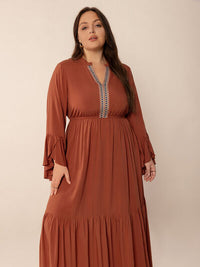 Plus Size Ruffled Notched Long Sleeve Midi Dress - Pahabu - Women's Clothing & Shop