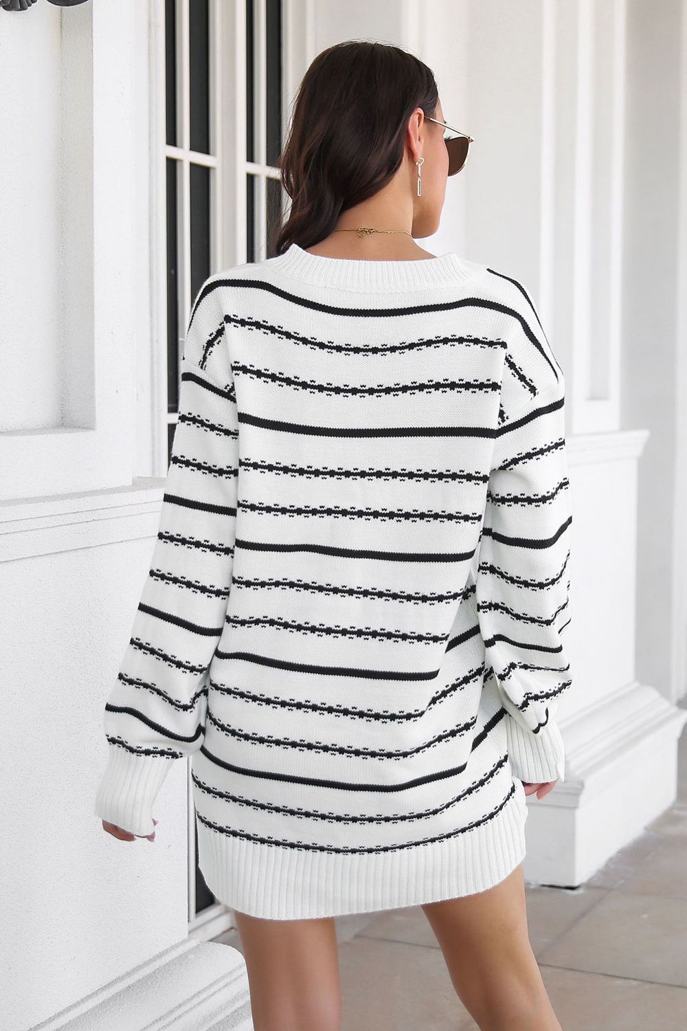 Striped V-Neck Sweater Dress - Pahabu - Women's Clothing & Shop