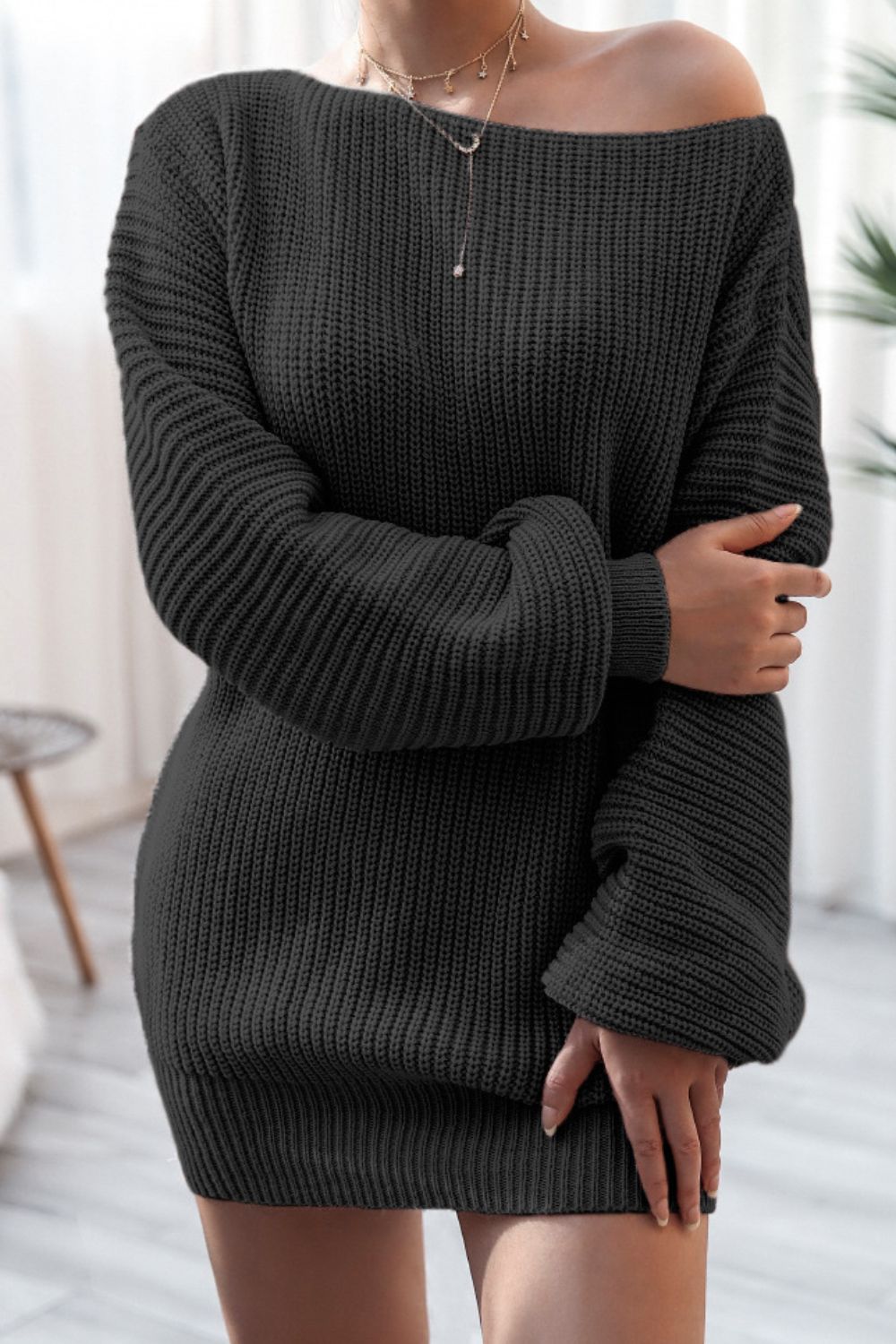 Boat Neck Long Sleeve Mini Sweater Dress - Pahabu - Women's Clothing & Shop