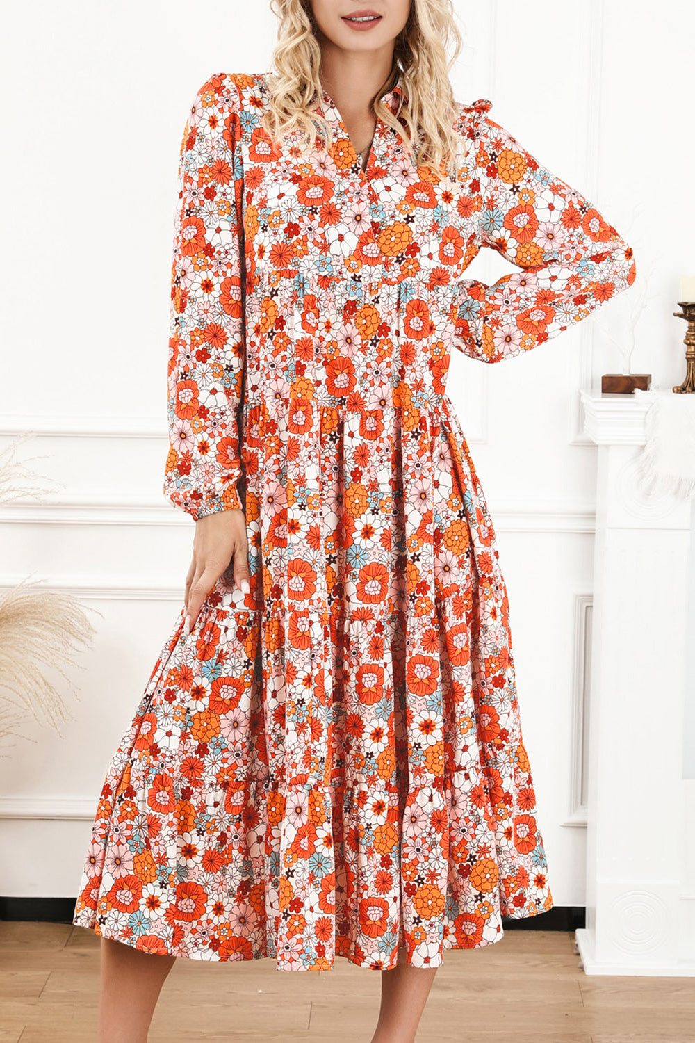 Floral Notched Neck Long Sleeve Dress - Pahabu - Women's Clothing & Shop