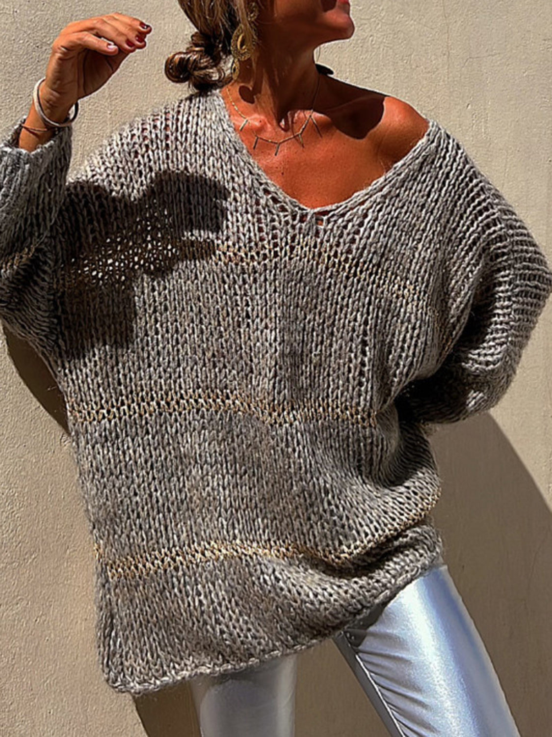 Openwork V-Neck Long Sleeve Sweater - Pahabu - Women's Clothing & Shop