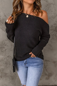 Horizontal Ribbing One-Shoulder Sweater - Pahabu - Women's Clothing & Shop