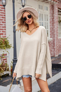 Slit V-Neck Dropped Shoulder Sweater - Pahabu - Women's Clothing & Shop