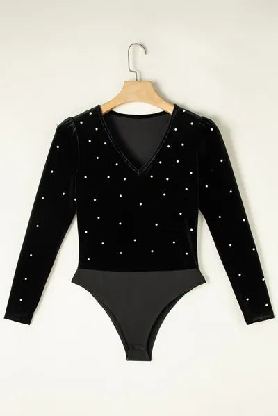 Pearl Detail V-Neck Long Sleeve Bodysuit - Pahabu - Women's Clothing & Shop