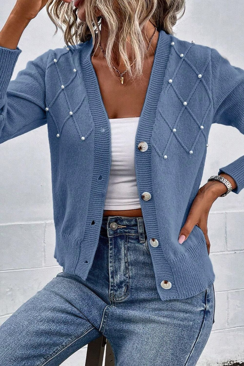 Beaded V-Neck Button Up Long Sleeve Cardigan - Pahabu - Women's Clothing & Shop