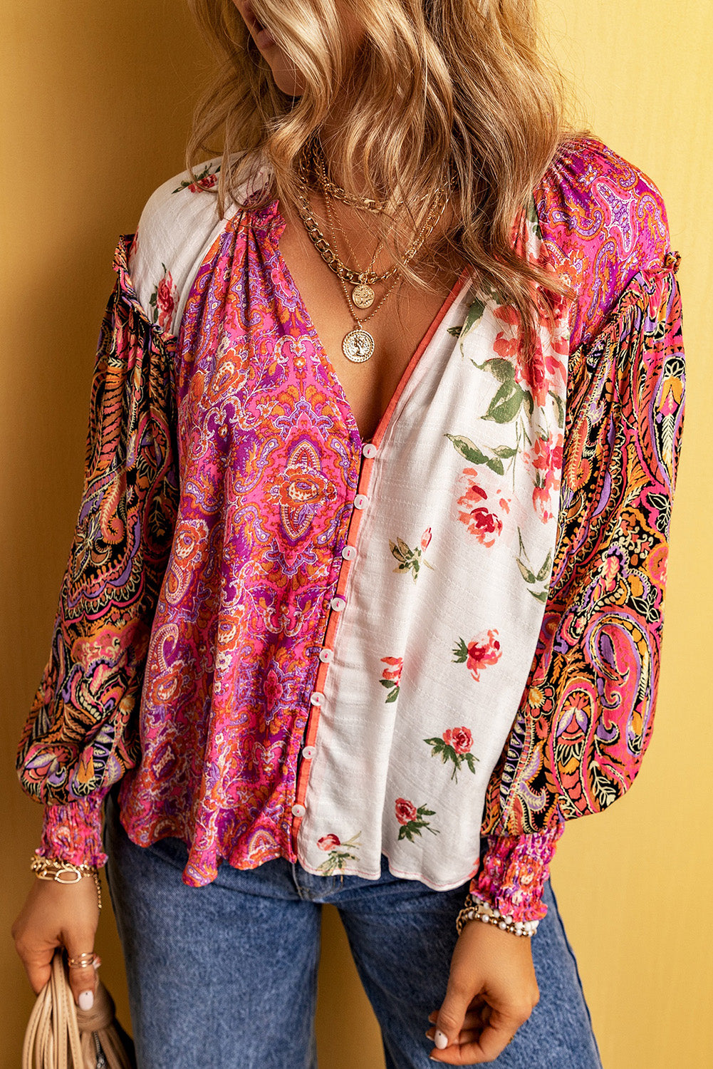 Multicolor Floral Notched Neck Lantern Sleeve Blouse - Pahabu - Women's Clothing & Shop