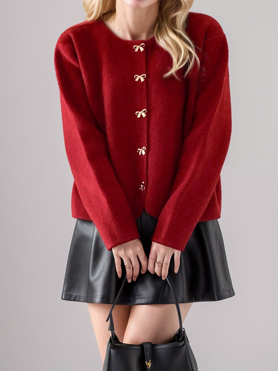 Bow Button Down Round Neck Long Sleeve Cardigan - Pahabu - Women's Clothing & Shop