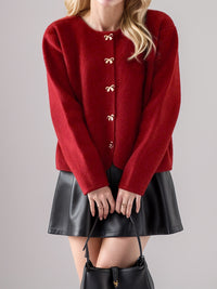 Bow Button Down Round Neck Long Sleeve Cardigan - Pahabu - Women's Clothing & Shop
