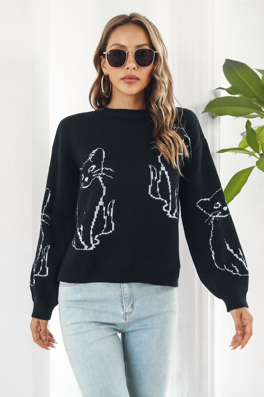 Cat Pattern Round Neck Long Sleeve Pullover Sweater - Pahabu - Women's Clothing & Shop