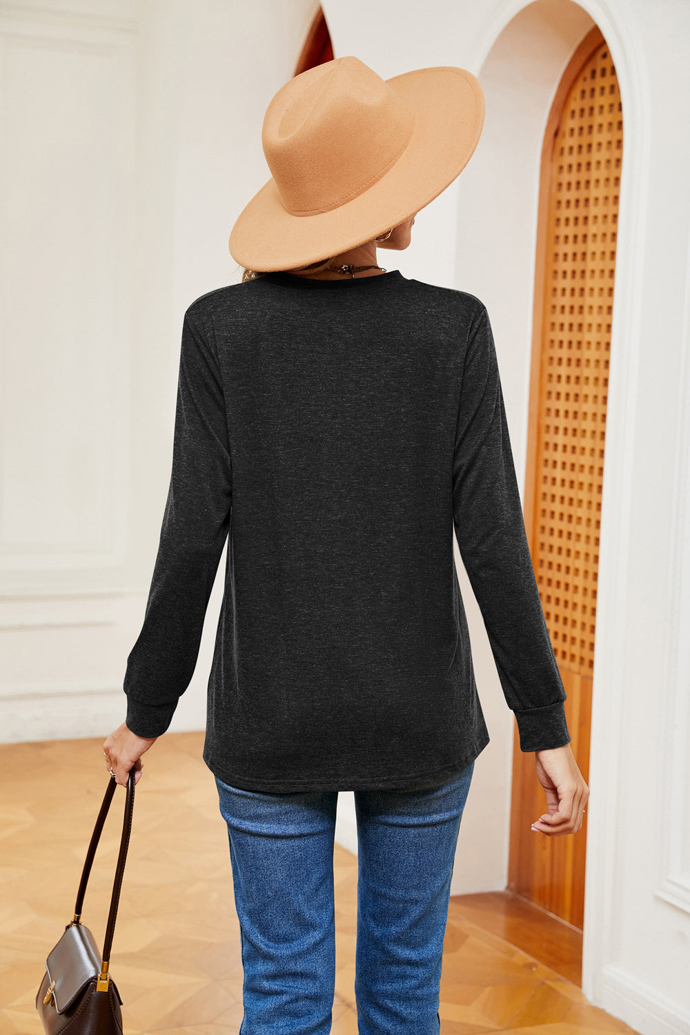 Buttoned Notched Neck Long Sleeve Top - Pahabu - Women's Clothing & Shop