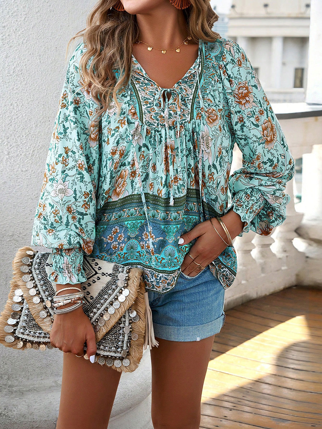 Devine Bohemian Tie Neck Lantern Sleeve Blouse - Pahabu - Women's Clothing & Shop