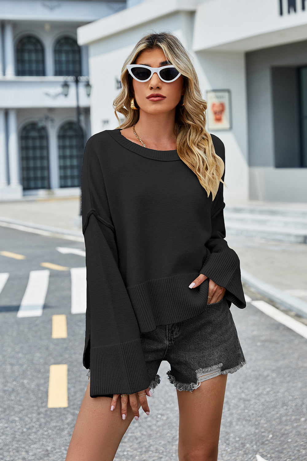 High-Low Slit Round Neck Long Sleeve Sweater - Pahabu - Women's Clothing & Shop