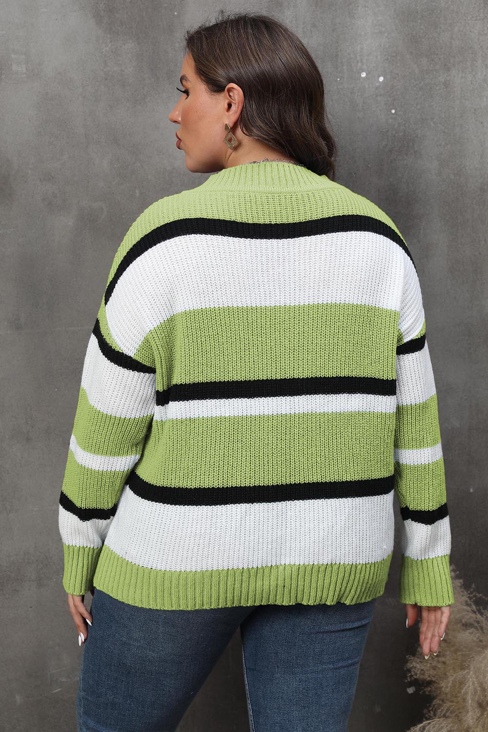 Plus Size Striped V-Neck Dropped Shoulder Sweater - Pahabu - Women's Clothing & Shop