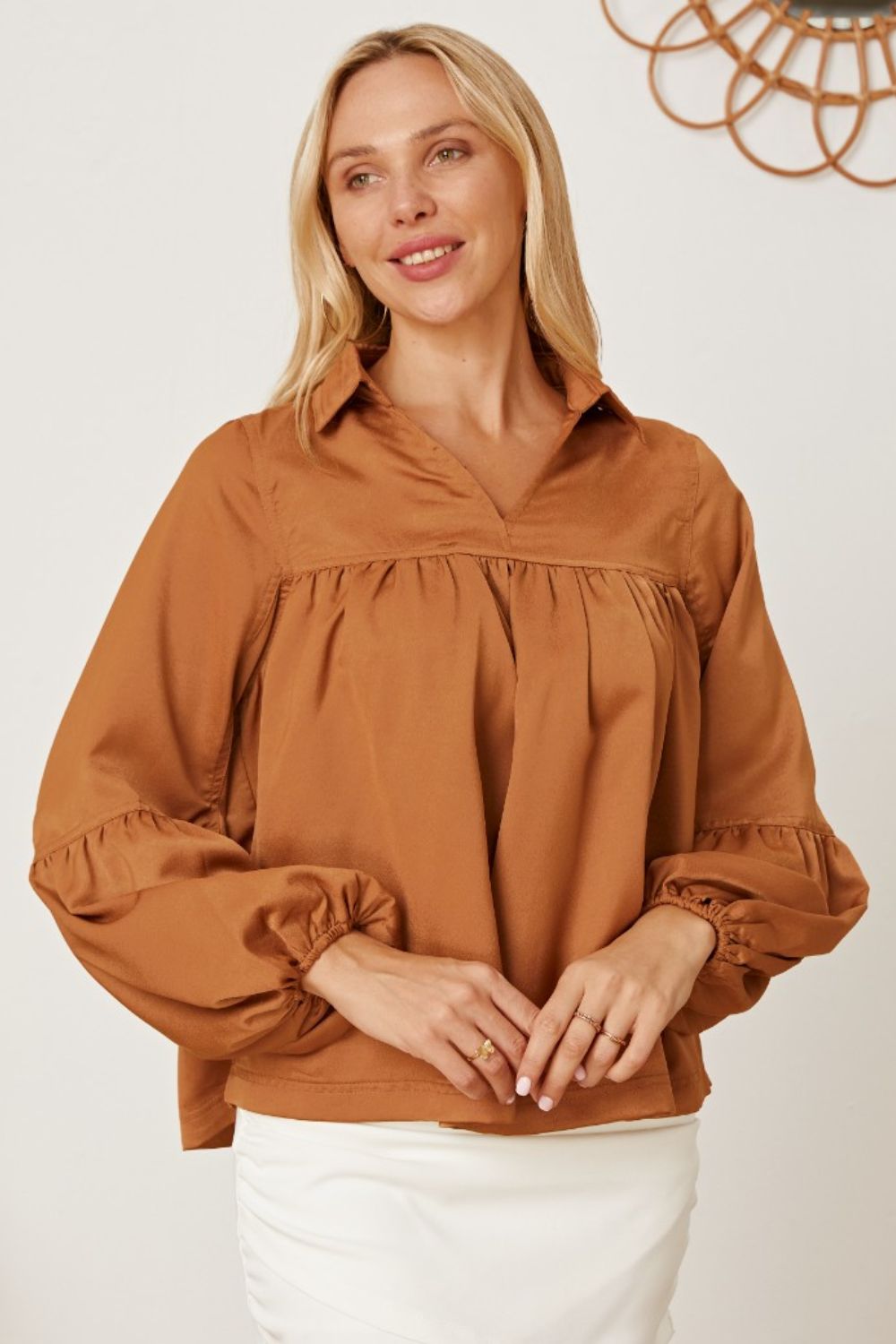 Balloon Sleeve Collared Neck Blouse - Pahabu - Women's Clothing & Shop