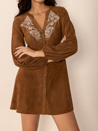 Notched Button Down Long Sleeve Mini Dress - Pahabu - Women's Clothing & Shop