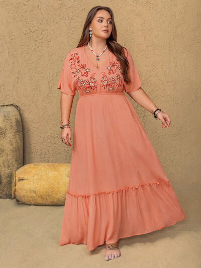 Plus Size Frill Embroidered V-Neck Half Sleeve Maxi Dress - Pahabu - Women's Clothing & Shop