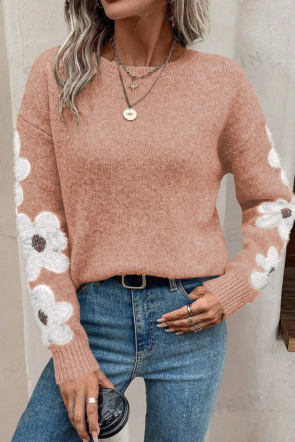 Flower Round Neck Long Sleeve Sweater - Pahabu - Women's Clothing & Shop