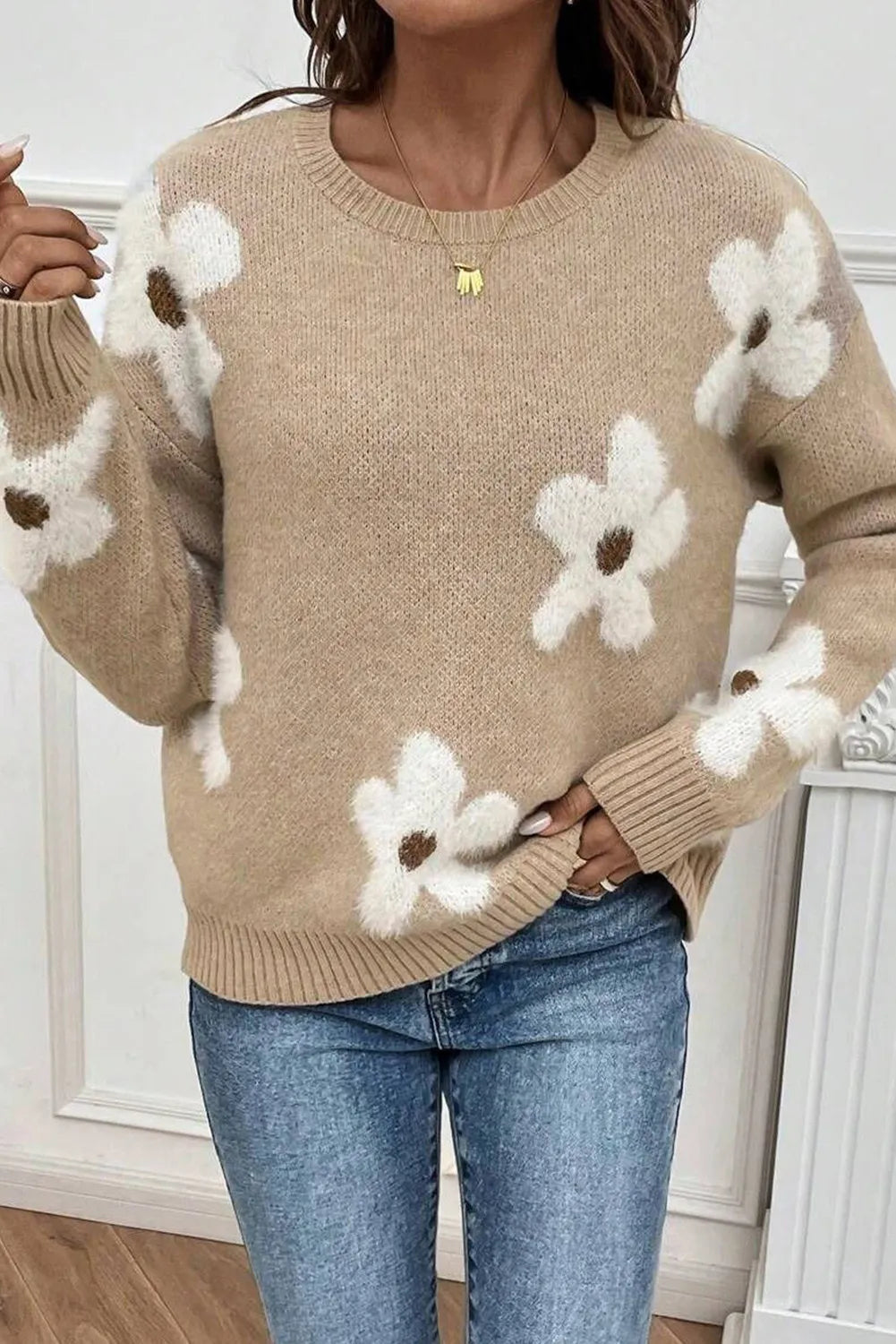 Flower Round Neck Long Sleeve Sweater - Pahabu - Women's Clothing & Shop