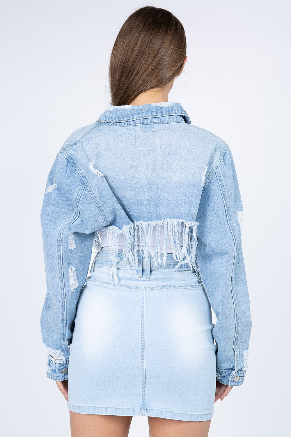 American Bazi Distressed Denim Jacket with Frayed Hem