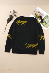 Animal Print Round Neck Sweater - Pahabu - Women's Clothing & Shop