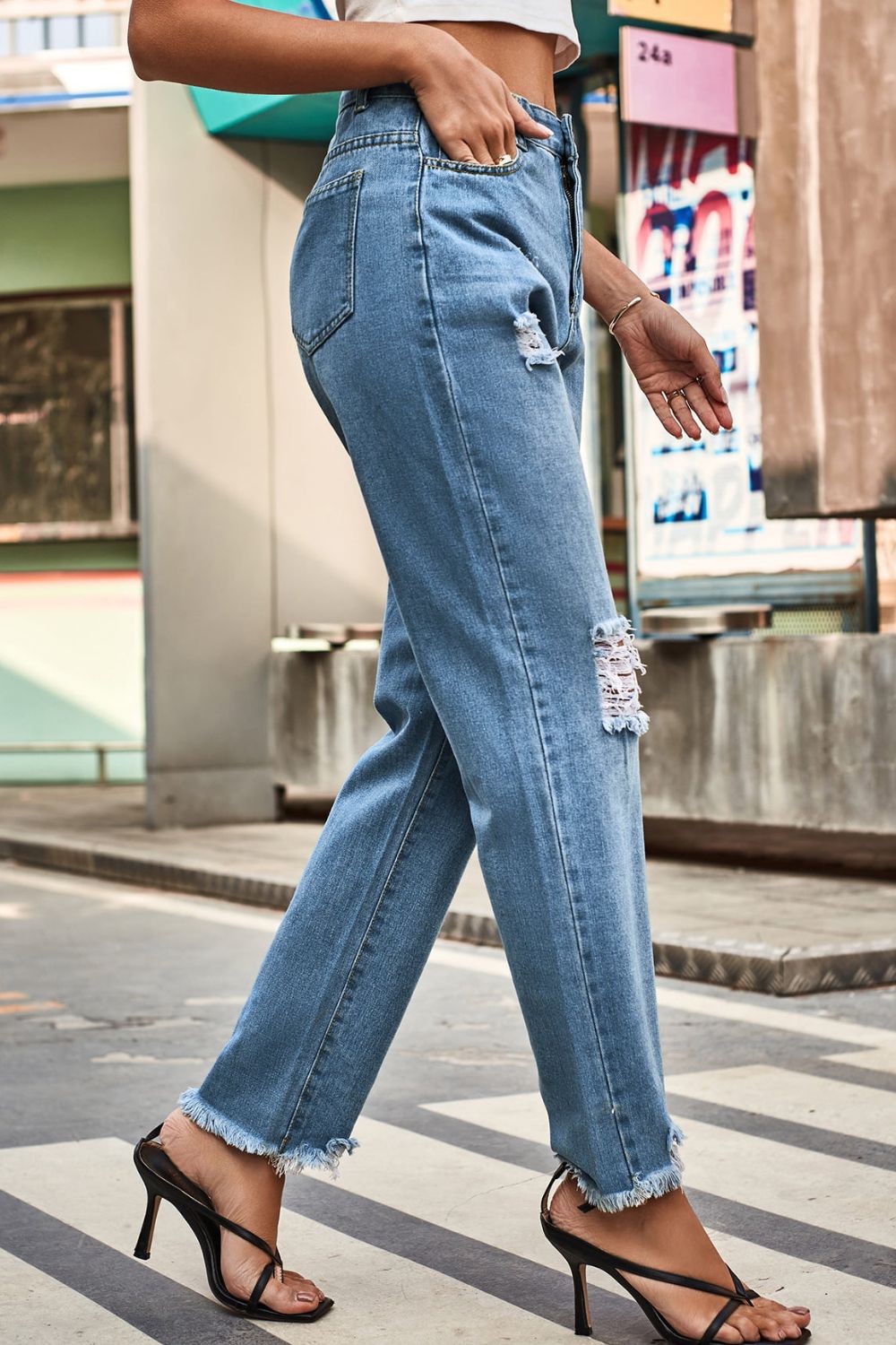 Distressed Buttoned Loose Fit Jeans - Pahabu - Women's Clothing & Shop