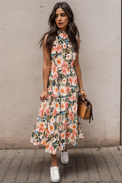 Printed Tiered Pocketed Mock Neck Midi Dress - Pahabu - Women's Clothing & Shop