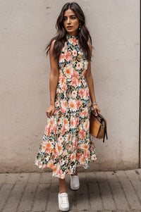 Printed Tiered Pocketed Mock Neck Midi Dress - Pahabu - Women's Clothing & Shop