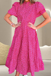 Printed Notched Puff Sleeve Midi Dress - Pahabu - Women's Clothing & Shop