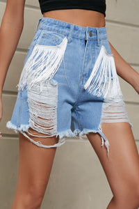 Fringe Trim Distressed Denim Shorts with Pockets - Pahabu - Women's Clothing & Shop