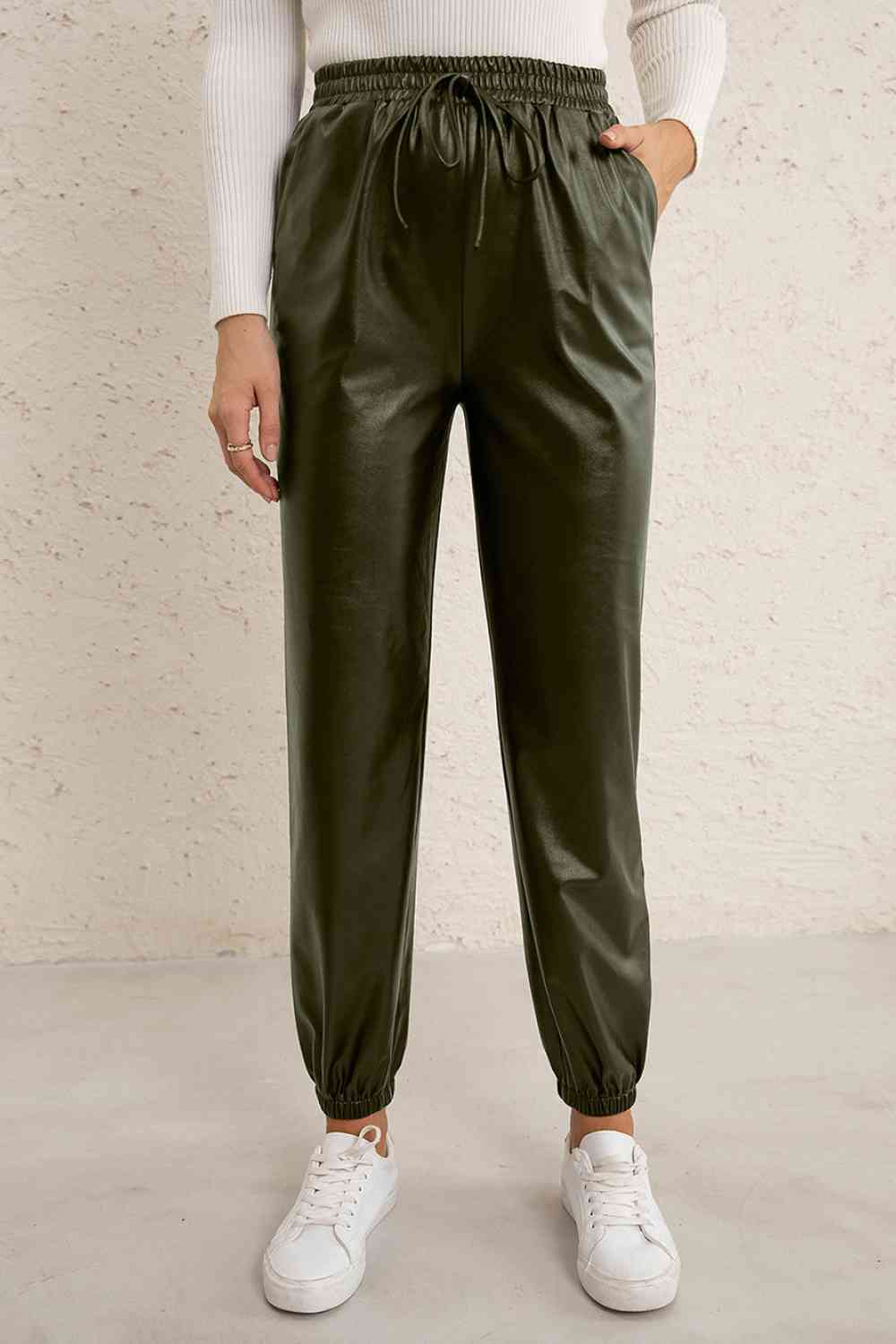 Ivy Lane Elastic Waist PU Leather Joggers - Pahabu - Women's Clothing & Shop