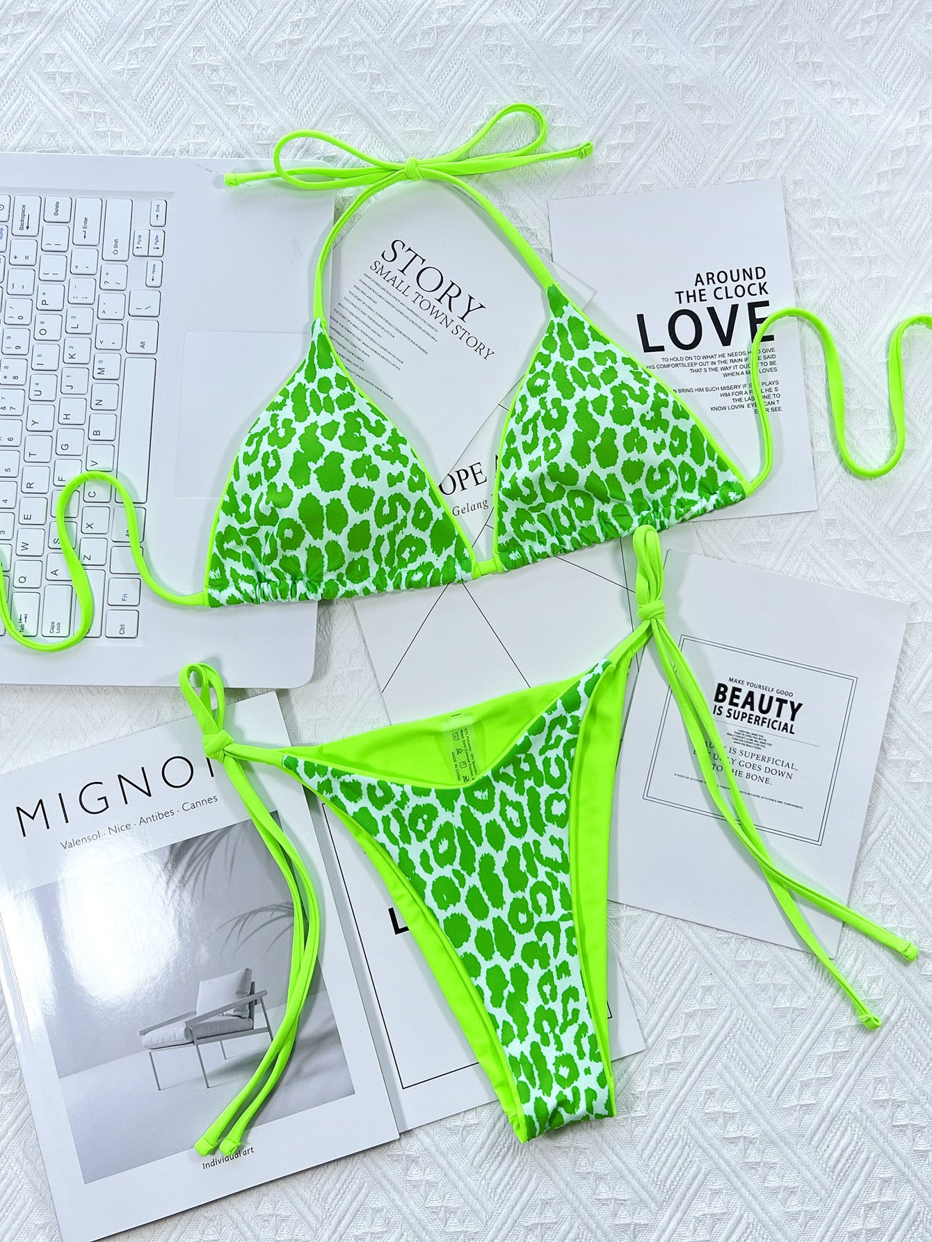 Leopard Print Halter Neck Tie Side Bikini Set - Pahabu - Women's Clothing & Shop