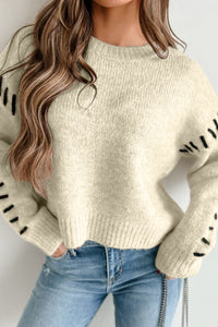 Contrast Stitch Detail Ribbed Trim Sweater - Pahabu - Women's Clothing & Shop