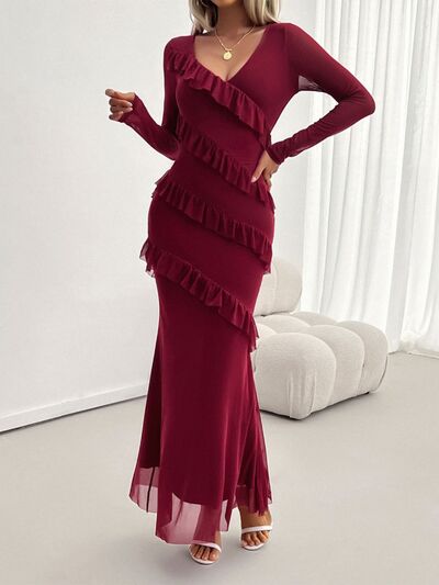 Devine Ruffled Surplice Long Sleeve Maxi Dress - Pahabu - Women's Clothing & Shop