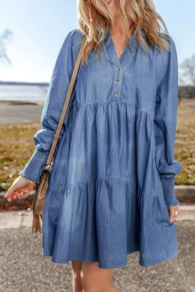 Tiered Johnny Collar Long Sleeve Denim Dress - Pahabu - Women's Clothing & Shop